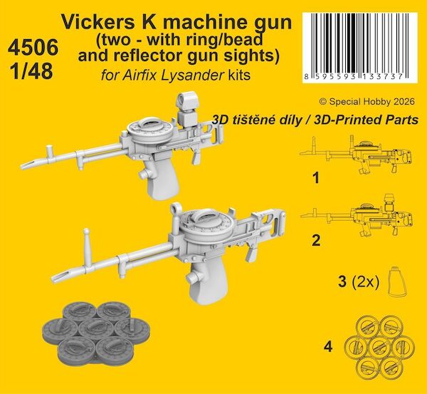 Two Vickers K machine guns for Lysander, one with bead and one with Reflector sight (Airfix) CMKA4506