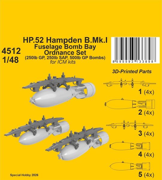 HP.52 Hampden B.Mk.I - Fuselage Bomb Bay Ordnance Set, (ICM) CMKA4512