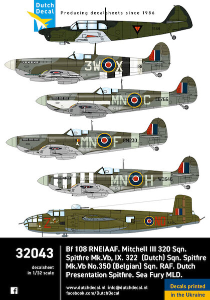 Messerschmit BF108 (NEIAAF), Mitchell MKIII (322 Dutch sq), Spitfire MKV,(350 Belg) sq), Dutch Presentation Spitfire and Sea Fury MLD) DD32043