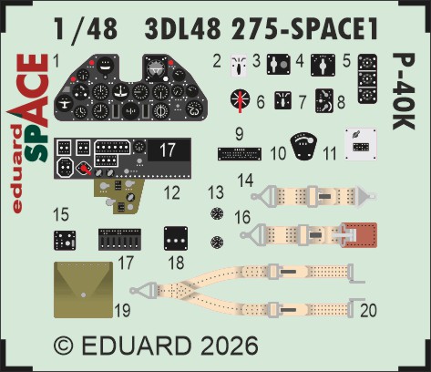 SPACE 3D Detailset P40K Warhawk Instrument panels and Seatbelts (Eduard) 3DL48275