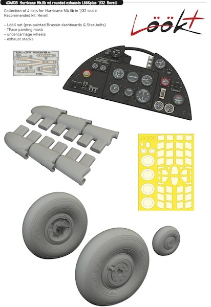 Hurricane MKIIb Lk plus Instrument Panel and seatbelts, rounded exhaust, wheels and TFace masing set (Revell)  E634035