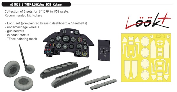 Messerschmitt Bf109G-5 Löök Instrument Panel and seatbelts, Wheels, Exhaust stacks, Gun barrels TFace Msk (Kotare) E634055