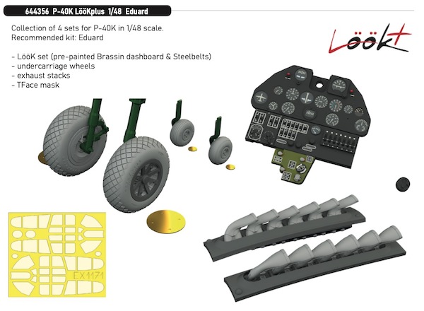 Curtiss P40K Warhawk Löök + Instrument Panel and seatbelts, Fishtail Exhaust stacks, Diamont tread wheels and TFace mask (Eduard) E644356