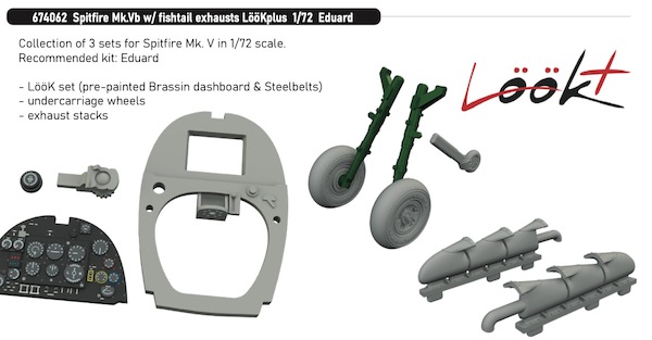 Spitfire MKVb Löök+ Instrument Panel and seatbelts, Three Stack Fishtail exhaust, Wheels (Eduard)Tamiya) E674062