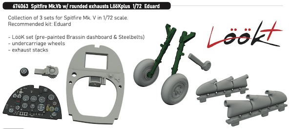 Spitfire MKVb Löök+ Instrument Panel and seatbelts, Three Stack Rounded exhaust, Wheels (Eduard)Tamiya) E674063