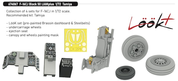 F16CJ Block 50 Fighting Falcon Löök+ Instrument Panel and seatbelts, Wheels, Ejection Seat, Mask (Tamiya) E674067