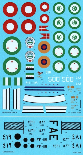 Gloster Meteor F.8 / FR.9 (Denmark, Egypt, Syria, Equador ) HI-DECAL LINE38