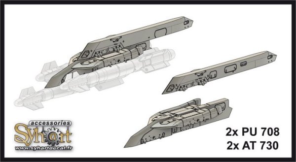 Special pack containing 2x AT730, 2x PU708 and 6x GBU22 (Body CBEMS) with decals for Rafale SP008-48